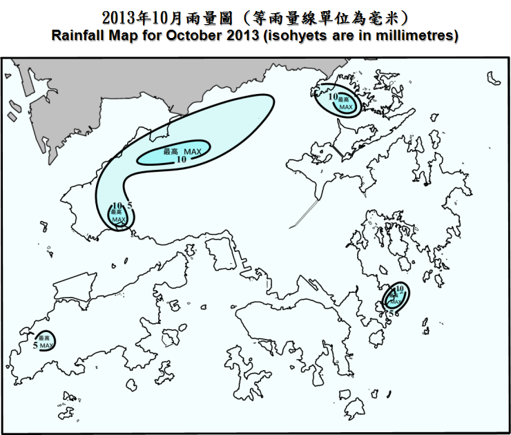 二零一三年十月雨量圖 (等雨量線單位為毫米)