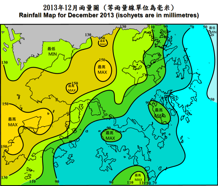 二零一三年十二月雨量圖 (等雨量線單位為毫米)
