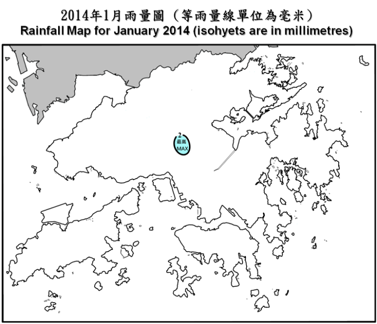 二零一四年一月雨量圖 (等雨量線單位為毫米)