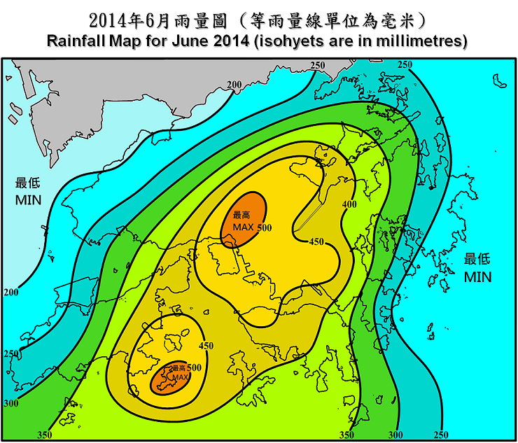 二零一四年六月雨量圖 (等雨量線單位為毫米)