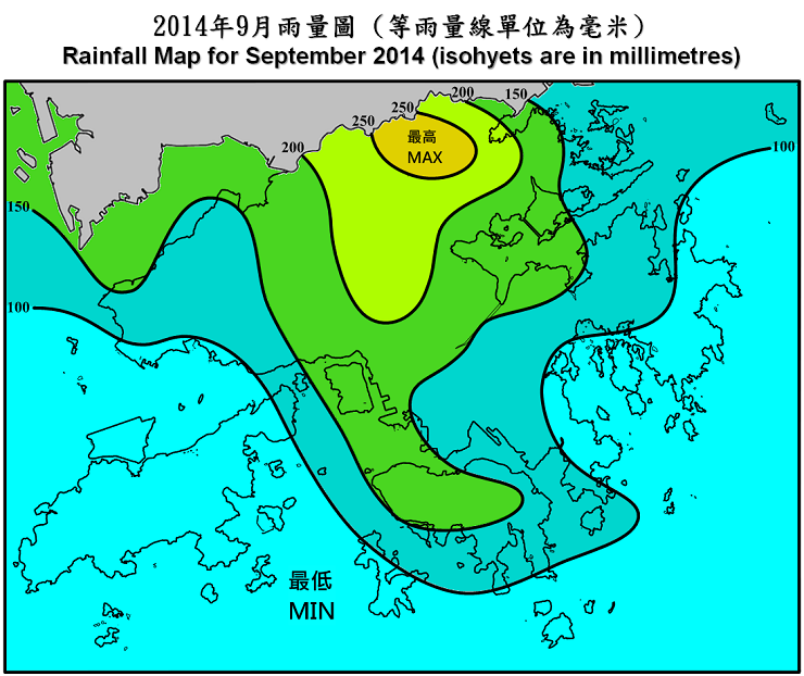 二零一四年九月雨量圖 (等雨量線單位為毫米)