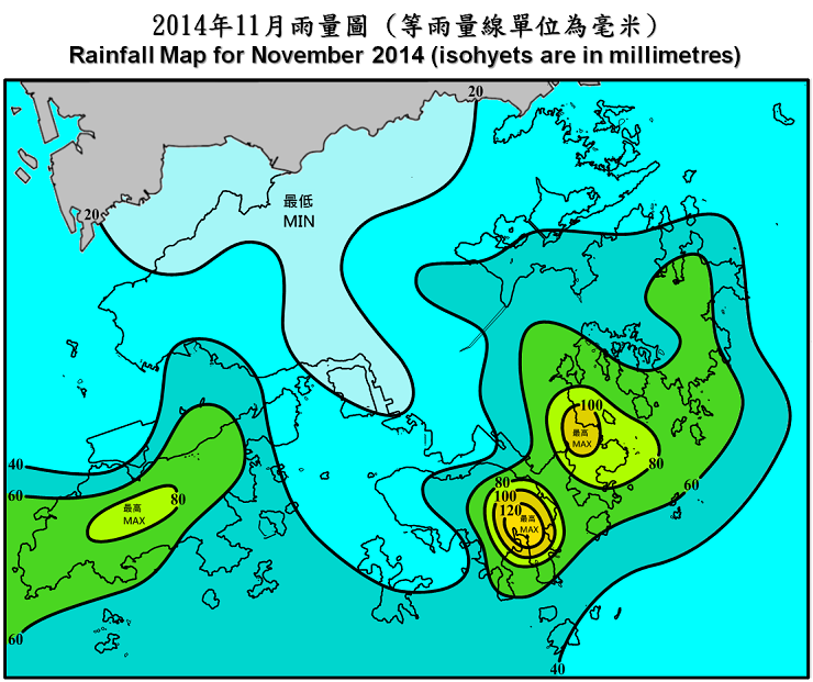 二零一四年十一月雨量圖 (等雨量線單位為毫米)