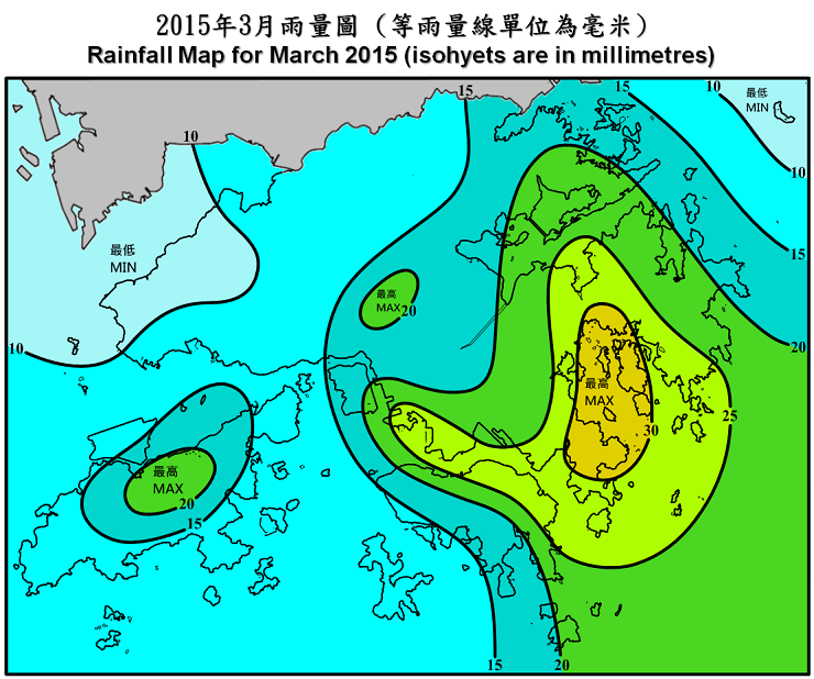 二零一五年三月雨量圖 (等雨量線單位為毫米)