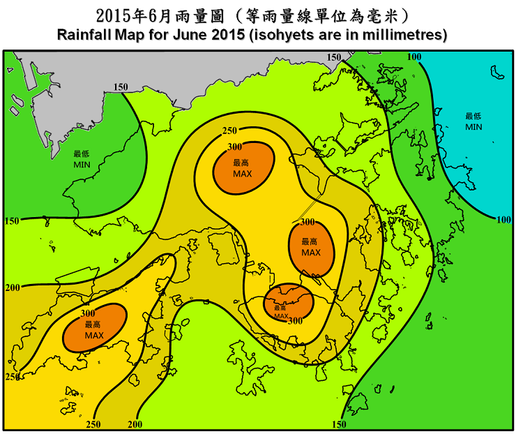 二零一五年六月雨量圖 (等雨量線單位為毫米)