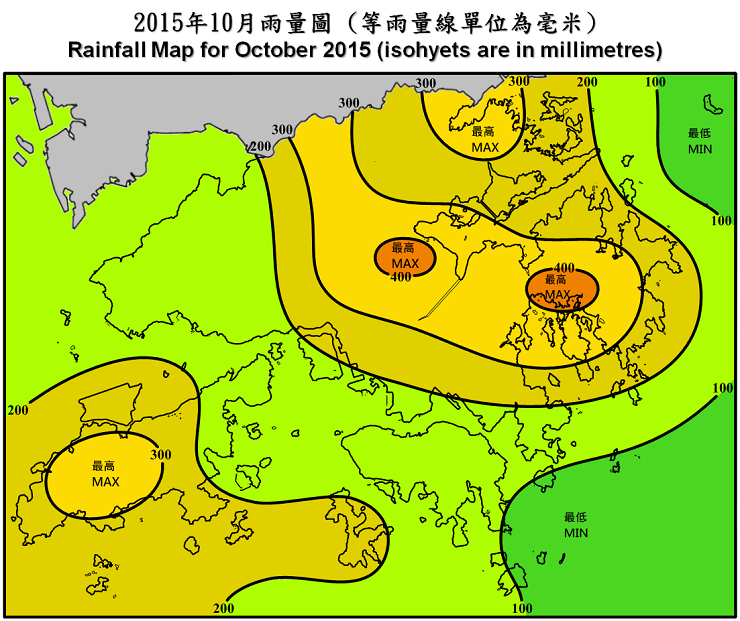 二零一五年十月雨量圖 (等雨量線單位為毫米)