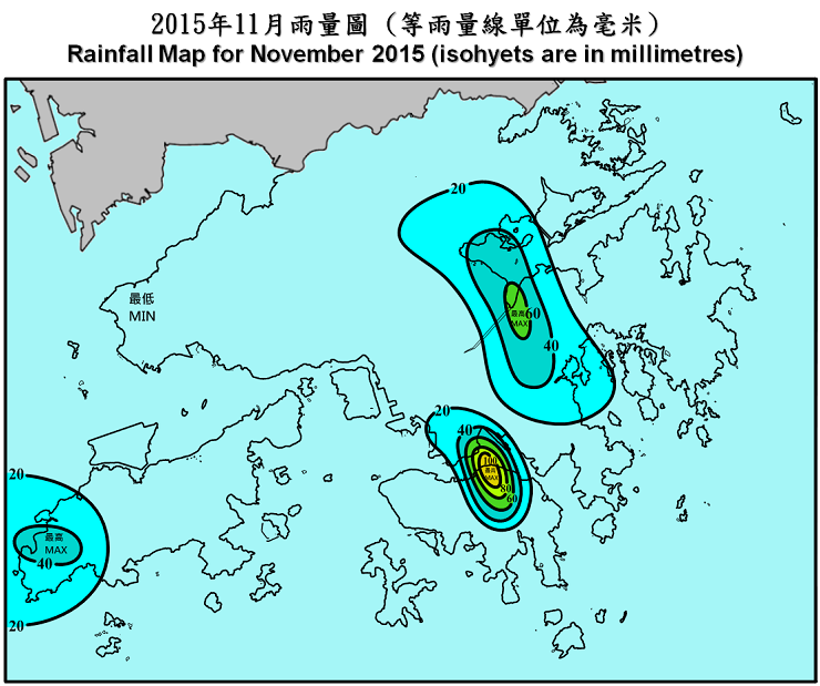 二零一五年十一月雨量圖 (等雨量線單位為毫米)