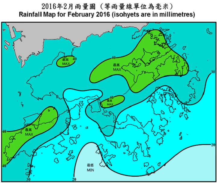 二零一六年二月雨量圖 (等雨量線單位為毫米)
