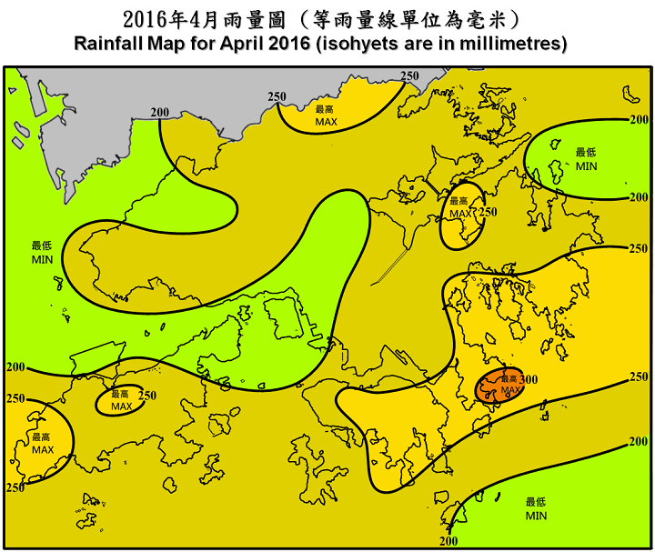 二零一六年四月雨量圖 (等雨量線單位為毫米)