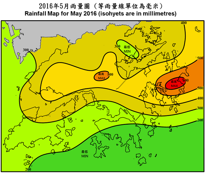 二零一六年五月雨量圖 (等雨量線單位為毫米)