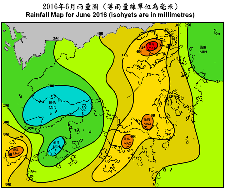 二零一六年六月雨量圖 (等雨量線單位為毫米)