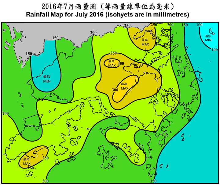 二零一六年七月雨量圖 (等雨量線單位為毫米)