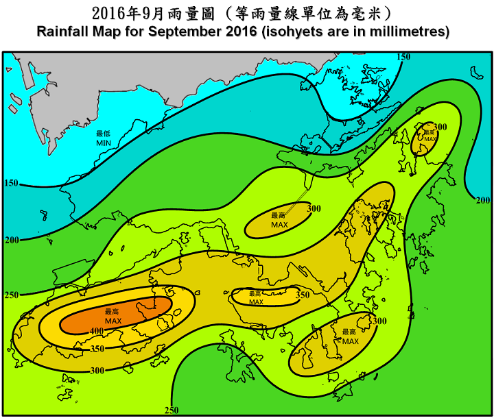 二零一六年九月雨量圖 (等雨量線單位為毫米)