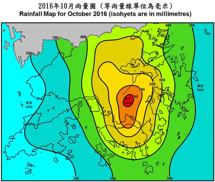 二零一六年十月雨量圖 (等雨量線單位為毫米)