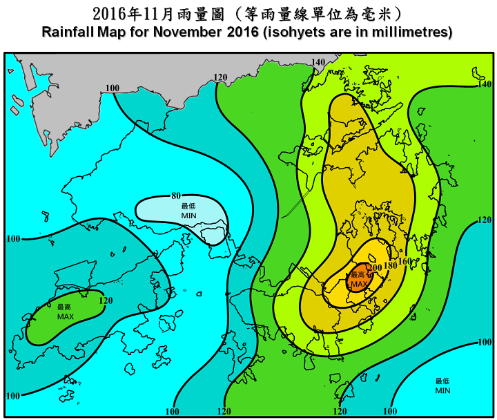 二零一六年十一月雨量圖 (等雨量線單位為毫米)