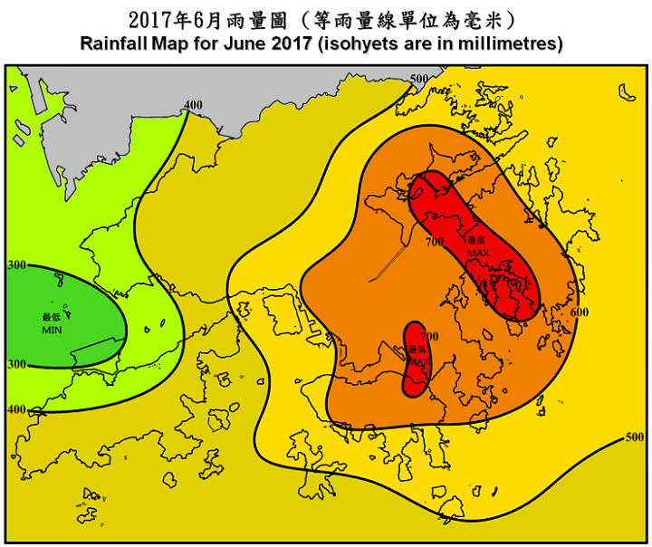 二零一七年六月雨量圖 (等雨量線單位為毫米)