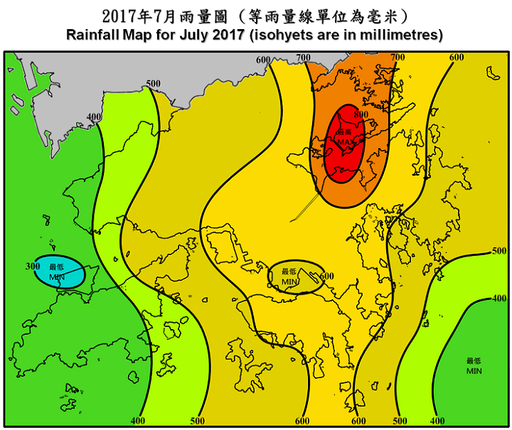 二零一七年七月雨量圖 (等雨量線單位為毫米)