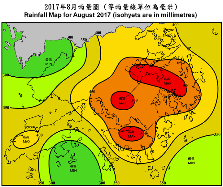 二零一七年八月雨量圖 (等雨量線單位為毫米)