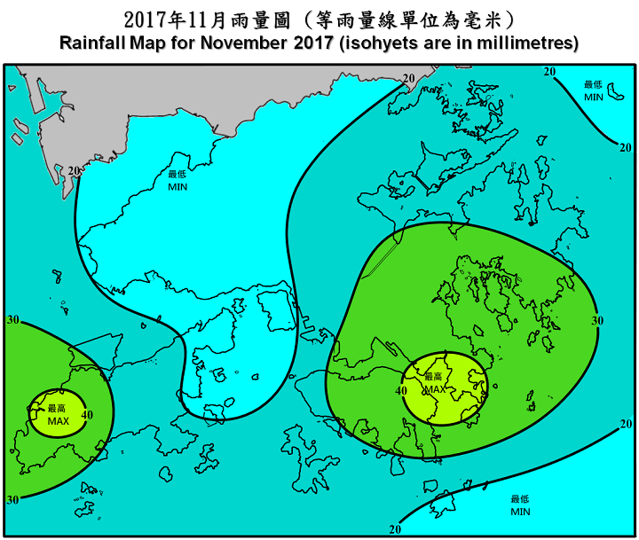 二零一七年十一月雨量圖 (等雨量線單位為毫米)